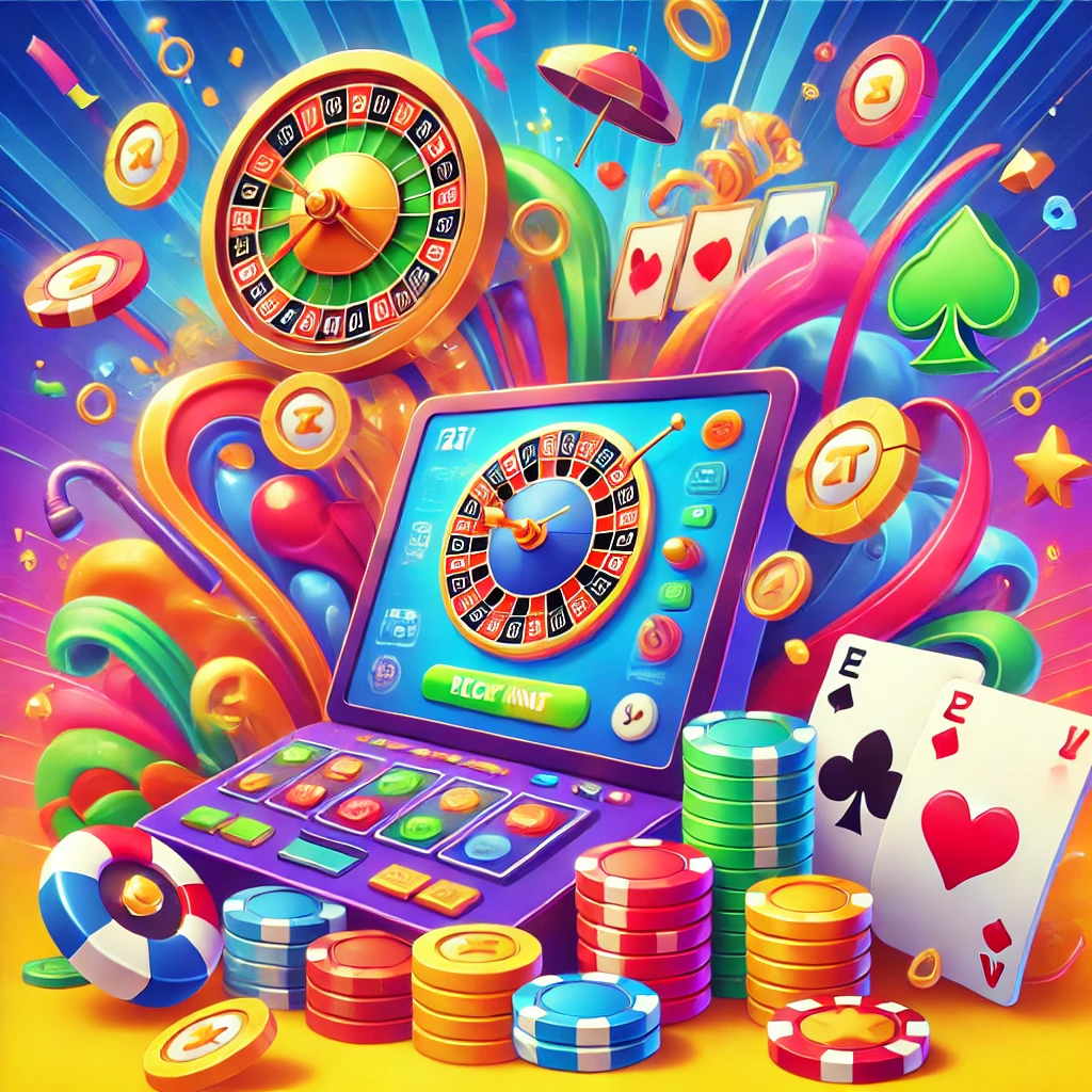 DALL E 2024 10 04 01.30.57 A playful and dynamic image for a YoYoCasino article featuring a colorful casino interface with slot machines poker chips and a roulette wheel. The