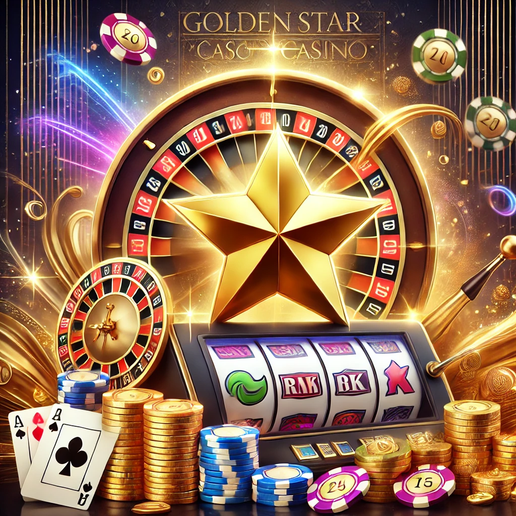 DALL E 2024 10 04 02.03.57 An elegant and vibrant image for a GoldenStar Casino article featuring a shining star symbol slot machine reels poker chips and a roulette wheel.