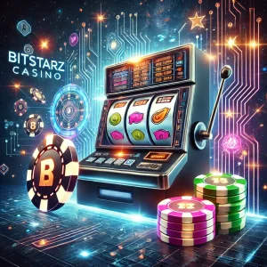 DALL E 2024 10 04 03.03.29 A sleek and futuristic image for a BitStarz Casino article featuring a slot machine with glowing reels poker chips and digital coin symbols. The ba