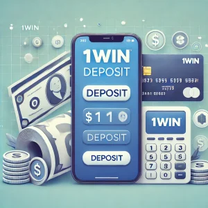 DALL E 2024 10 04 03.39.33 A clean image for a 1win Deposit article featuring a smartphone displaying the 1win app with a deposit screen. The background includes visuals like c