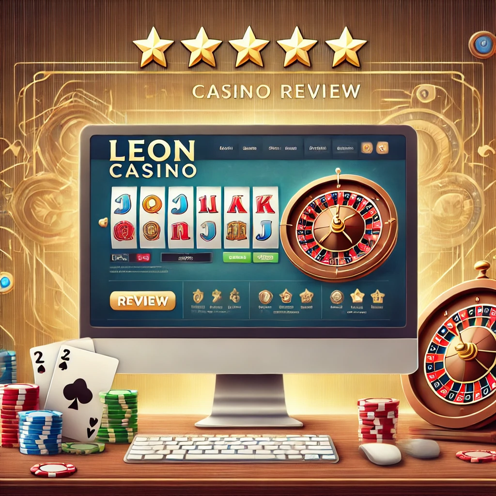 DALL E 2024 11 10 21.41.43 A professional image for a Leon Casino Review article featuring a computer screen showing the Leon Casino website with slot machines poker chips an