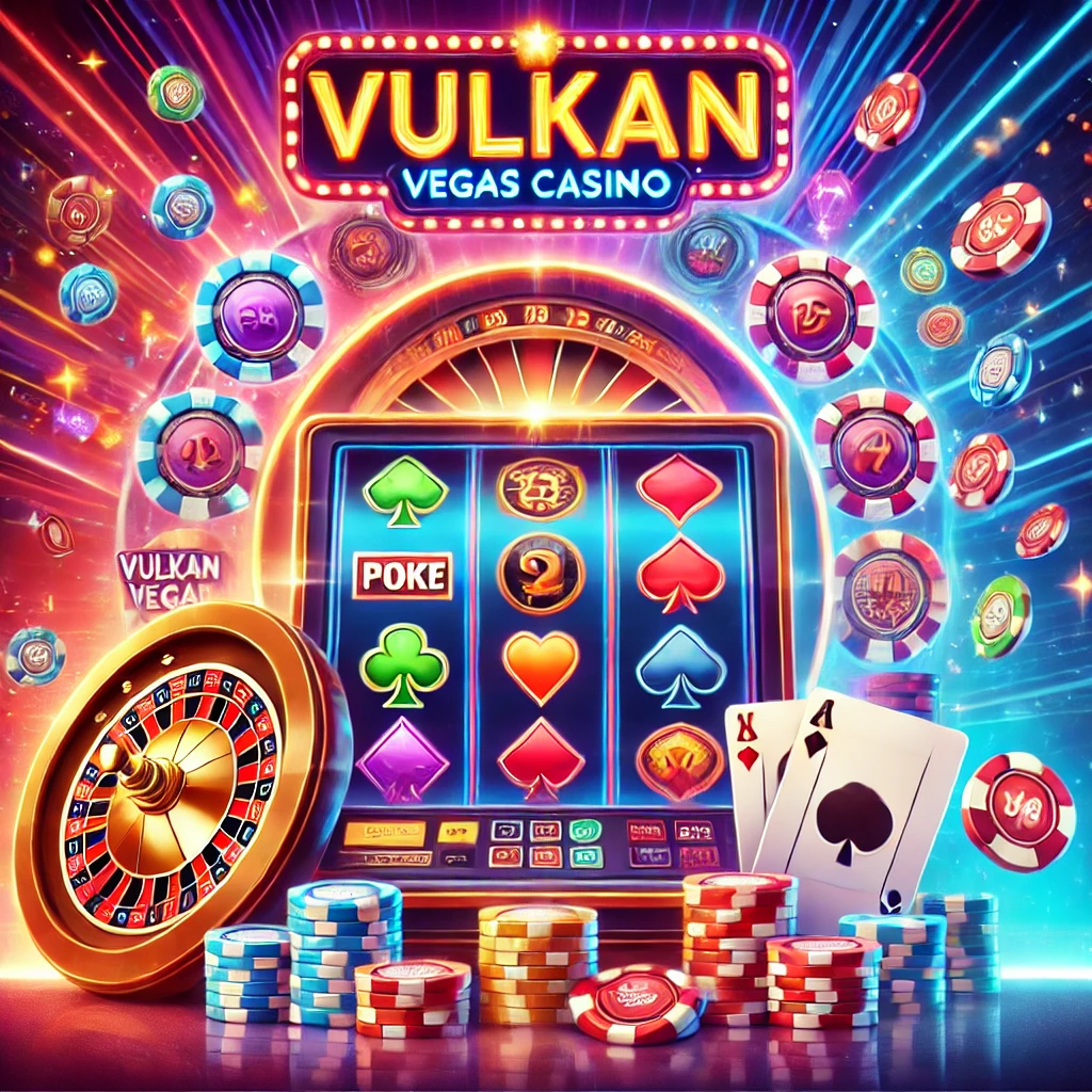 DALL E 2024 11 10 21.53.36 A vibrant image for a Vulkan Vegas Casino article featuring a slot machine with bright symbols poker chips and a roulette wheel. The background inc