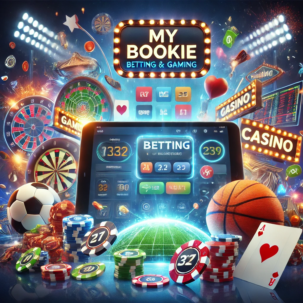 DALL E 2024 11 12 21.42.27 A creative illustration that visualizes the concept of mybookie representing a betting and gaming platform. The image should show a lively scene wi