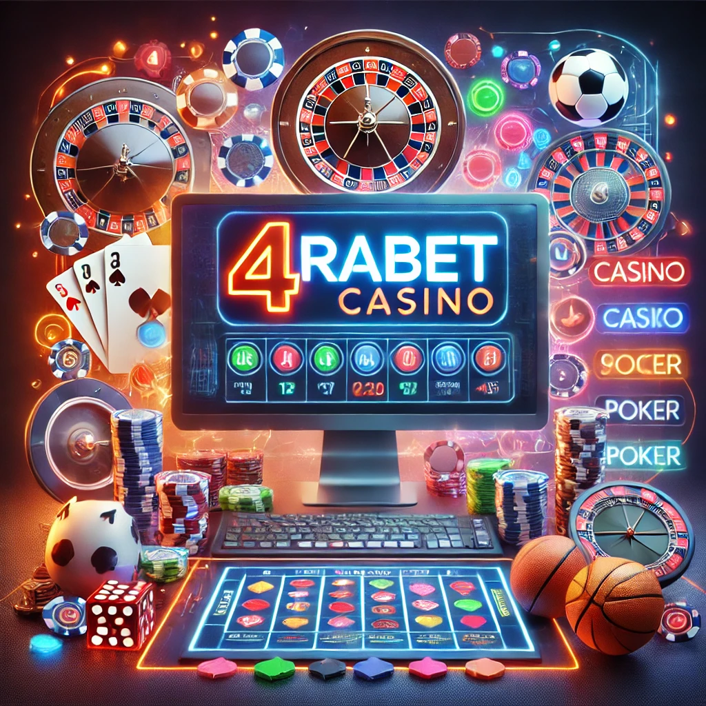 DALL E 2024 11 12 22.24.33 A visually engaging scene representing 4rabet Casino emphasizing a digital casino and sports betting atmosphere. The image features a sleek betting