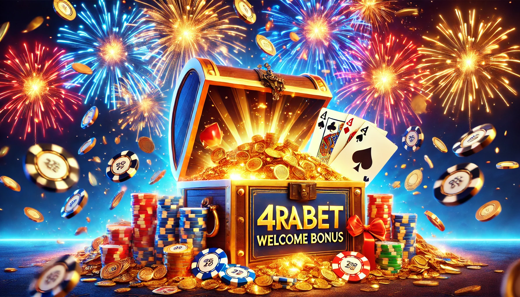 DALL E 2024 11 12 23.06.44 A vibrant depiction of a 4rabet Welcome Bonus scene without any text. The image showcases a celebration of rewards with glowing golden coins poker