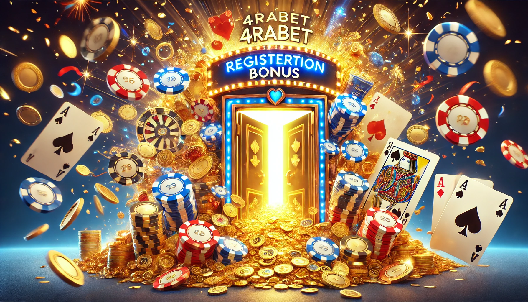 DALL E 2024 11 12 23.16.21 A visually exciting depiction of 4rabet Registration Bonus featuring a celebration of rewards with golden coins poker chips and playing cards bur